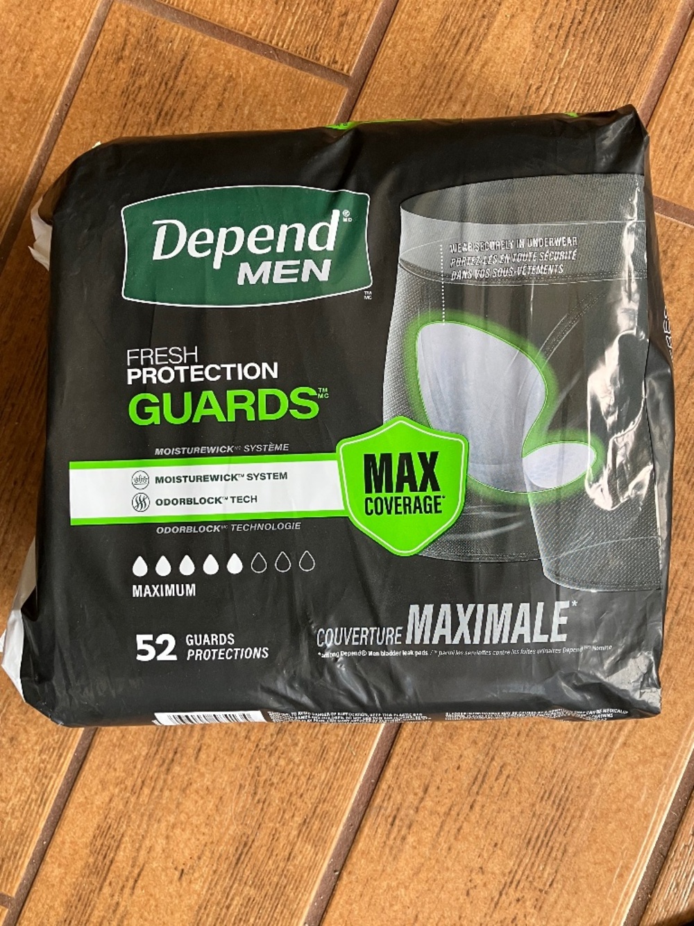 DEPEND MEN GUARDS MAX, 51 count, one taken out.